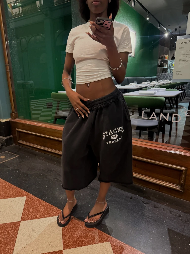 Y2K American Pilot Sweatshorts Black Letter Graphic Woven Shorts Vintage Casual Terry Men And Women Loose Fashion Sweatpants