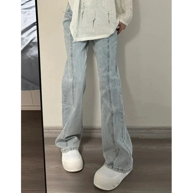 

Blue High Waist Women Jeans Flare Pants Vintage American Fashion Street Wide Leg Jean Female Denim Trouser Baggy Denim Pants