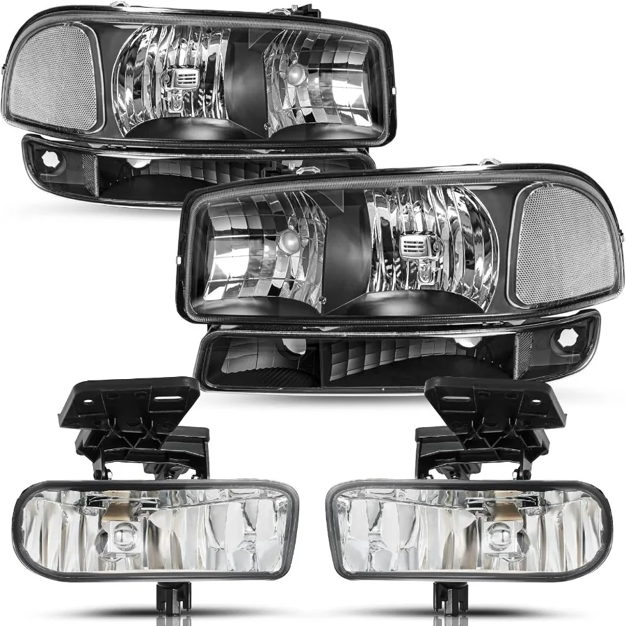 

6PCS Headlight & Fog Light Assembly for 1999-2002 GMC Sierra 1500 2500 3500 00-06 Yukon/Yukon XL Black Housing Clear Reflector w