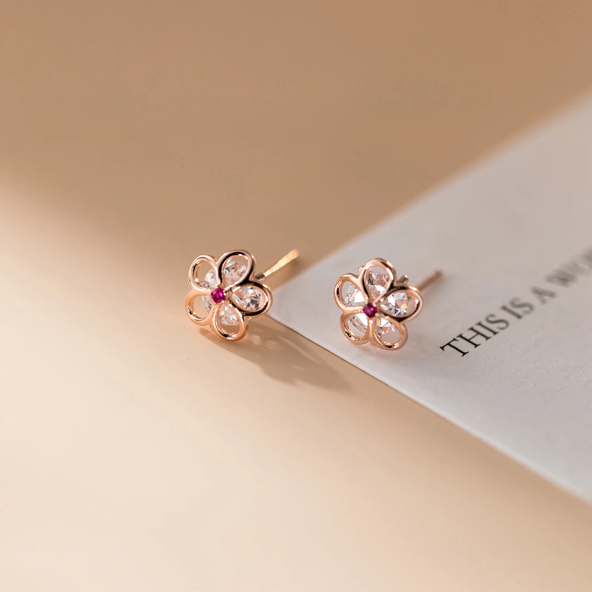 Modian Summer Beach 100% 925 Sterling Silver Pink Crystal Zircon Stud Earrings For Women Clear CZ Hollow Flower Silver Jewelry