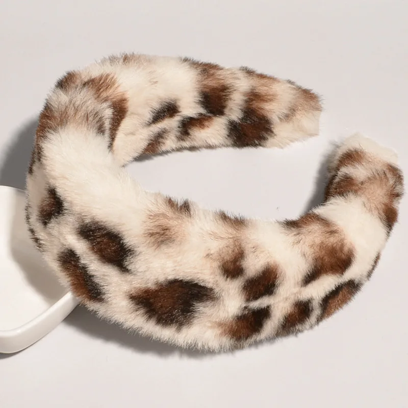 Women Leopard Faux Fur Hairband Soft Plush Hair Accessories Wide Side Adult Girls Headbands Winter Fashion Hair Hoop