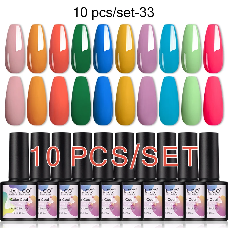 NAILCO 젤 네일 폴리시 키트, 반영구 UV 젤락 바니시, 베이스 젤 탑 코트, 소크 오프 LED 네일 아트 래커, 색상 8ml, 세트당 10 개