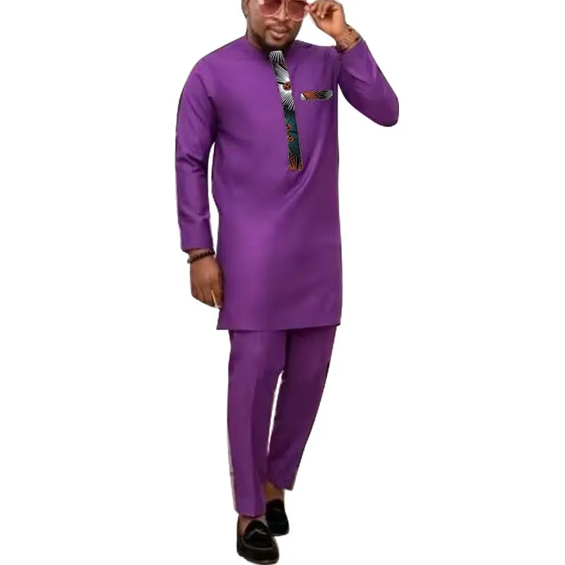

Африканские кутюрные фиолетовые мужские комплекты, лоскутная рубашка с однотонными брюками, нигерийский модный мужской костюм на заказ, праздничный костюм по индивидуальному заказу