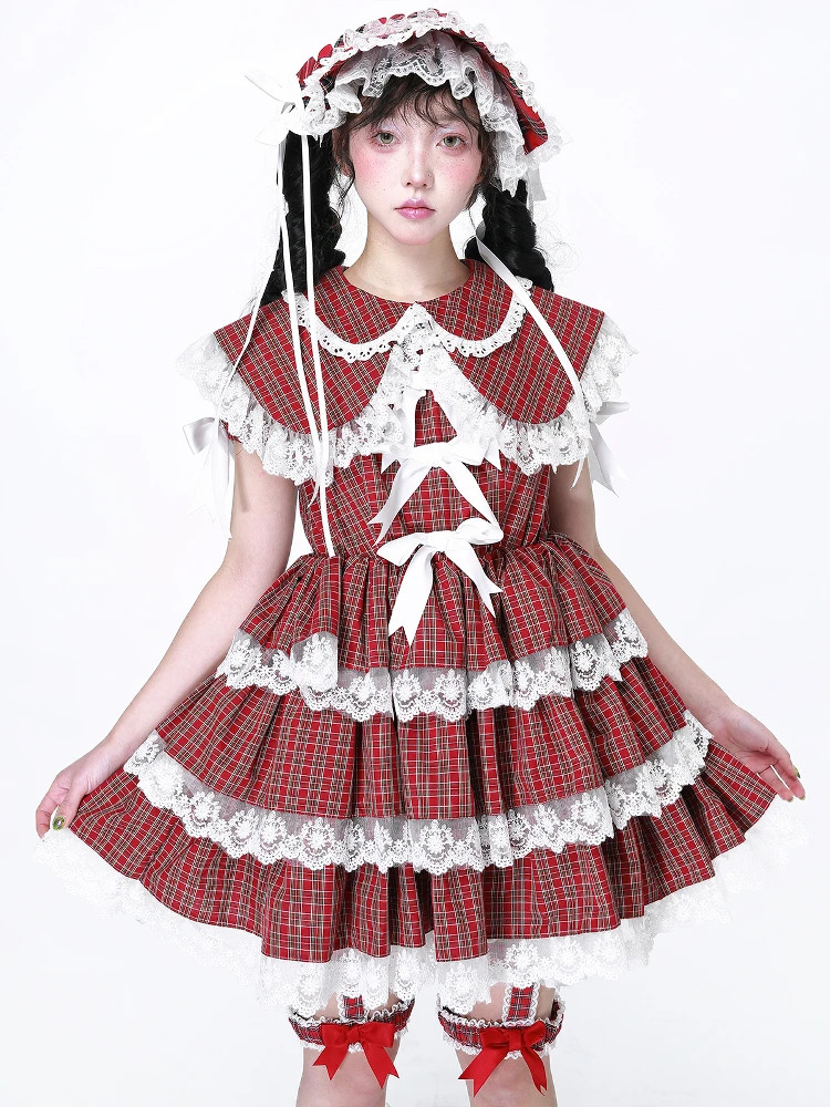 الأصلي اليابانية فتاة لينة لوليتا الأحمر منقوشة فستان المرأة لطيف القوس الدانتيل حافة انفصال الأكمام كعكة فستان الشاي فستان الحفلات Op