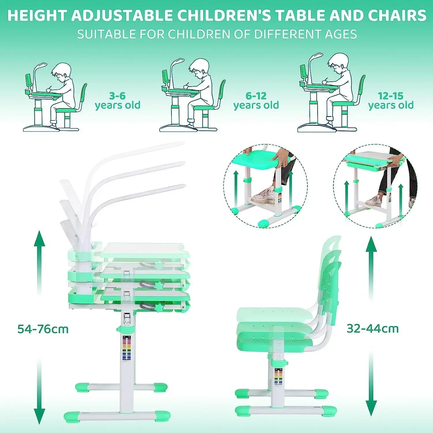 Studentenschreibtisch, ergonomisches Tisch- und Thair-Set, mit Schublade, Leseständer, und dimmbare LED-Lampe, höhenverstellbar