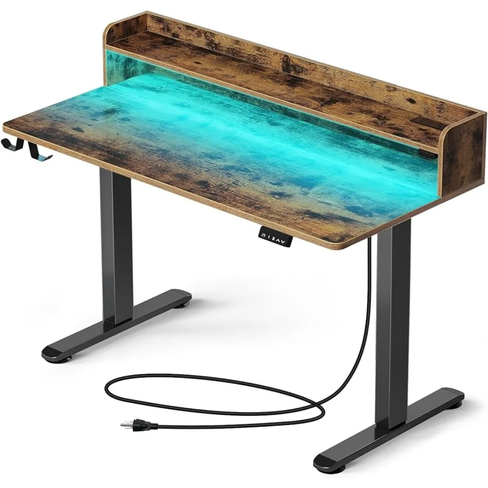 Electric Gaming Desk With 2 Headphone Hooks Standing Desk With LED Lights & Charging Station Rustic Brown Computer Office