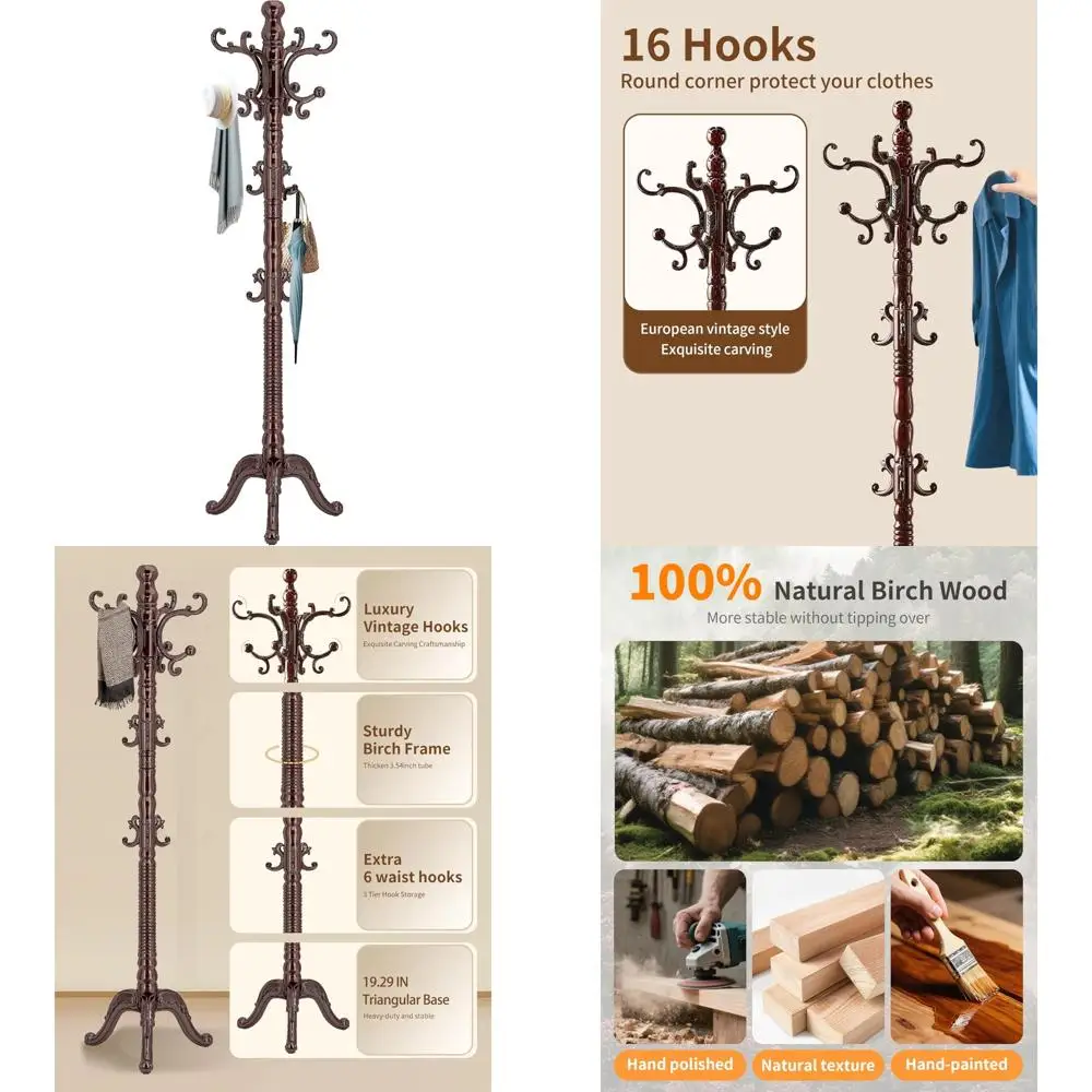 

Vintage Wooden Freestanding Coat Rack with 14 Hooks and Triangle Base