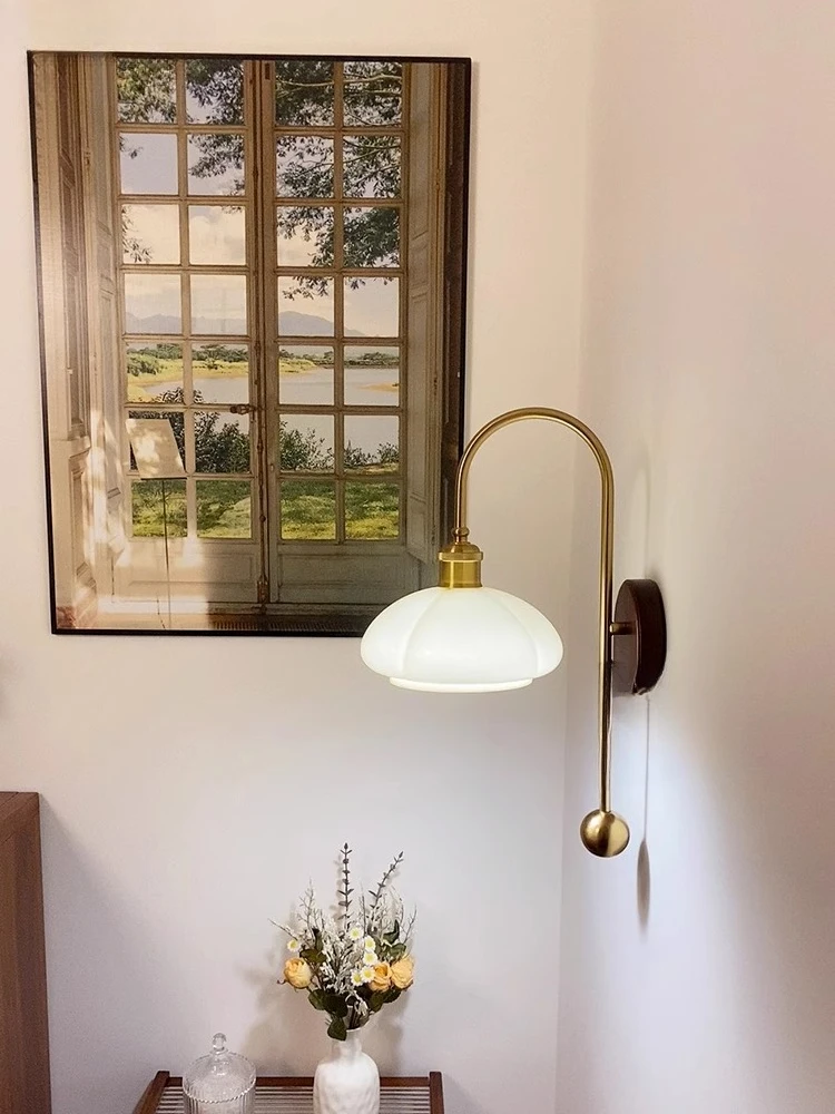 

French medieval wall lamp retro cream glass bedroom bedside lamp background wall Bauhaus pumpkin decorative atmosphere lamp