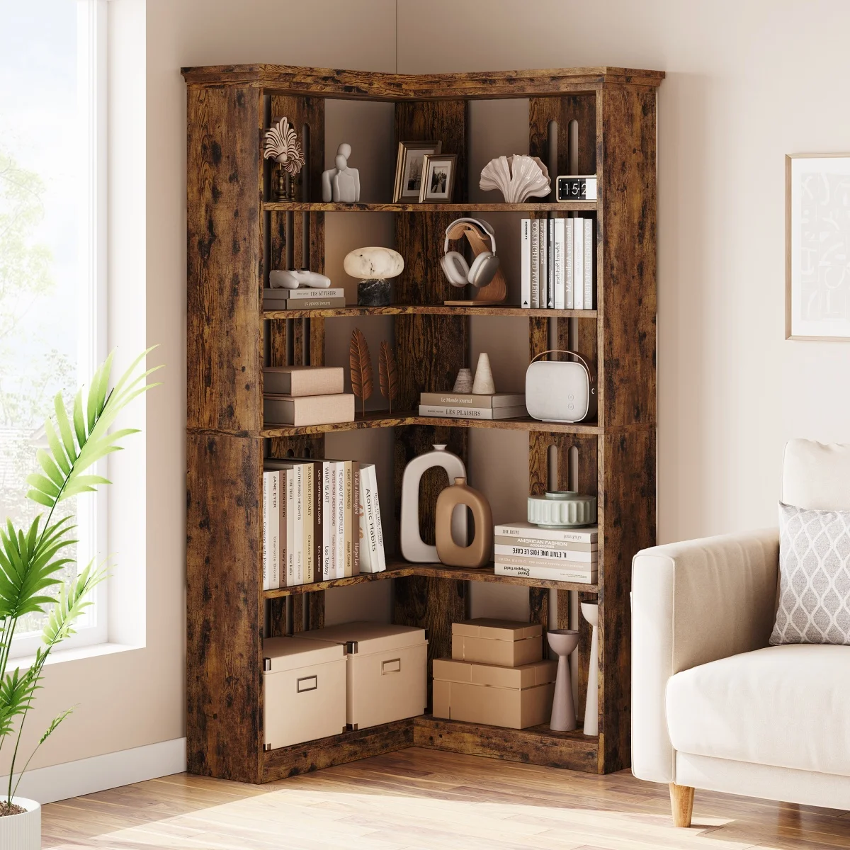 

Corner Bookshelf Farmhouse Corner Bookcase, Tall Bookshelf with Storage Large Bookcase with Storage for Living Room