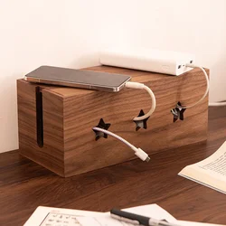 Walnut Wood Cord Organizer Box Large Cable Management Storage Decorative Wire Holder with Starry Design for Home or Office