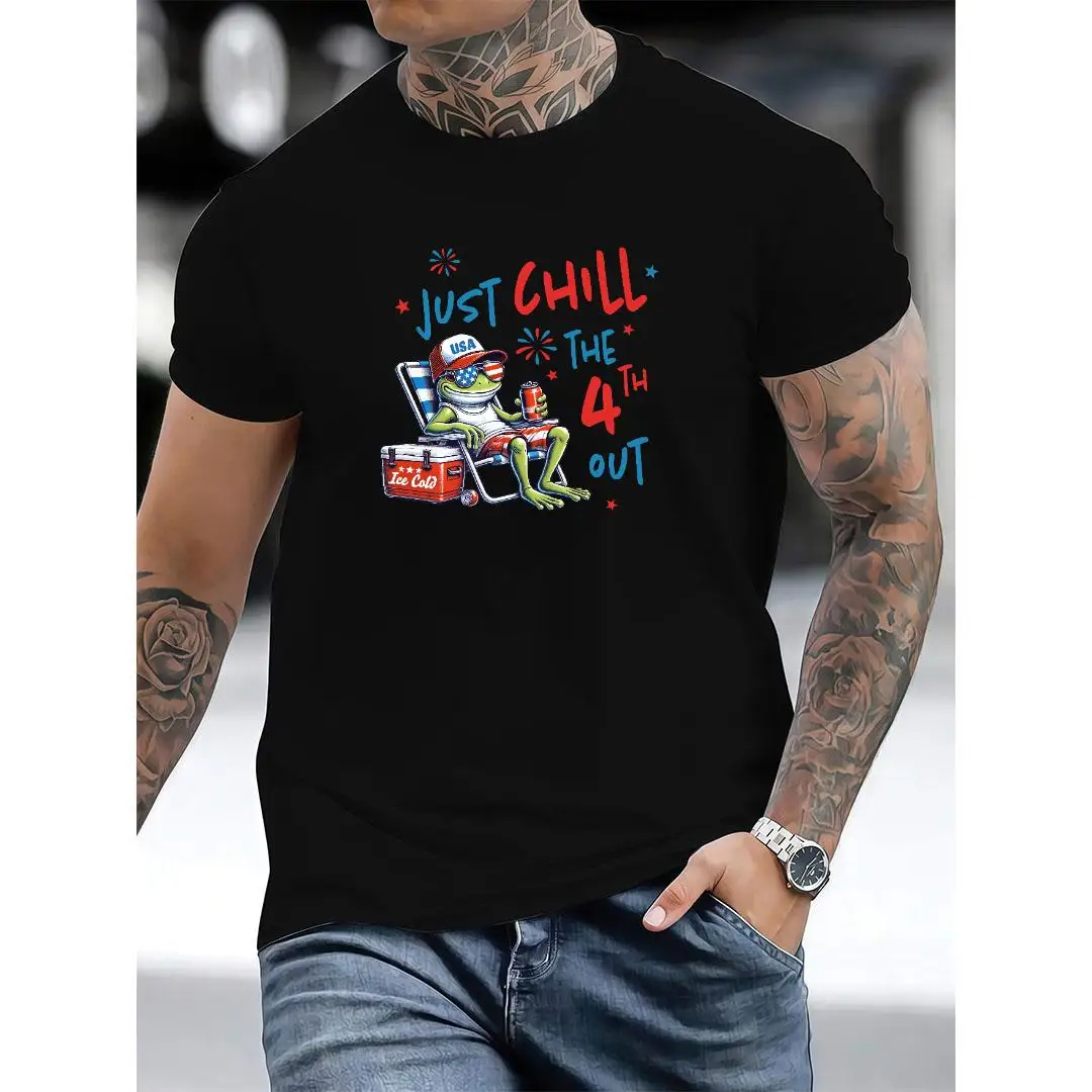 

Just Chill The 4th Out Frog T-Shirt Funny USA Flag Independence Day Graphic Tee Summer Vacation Holiday Humor Top Men Women