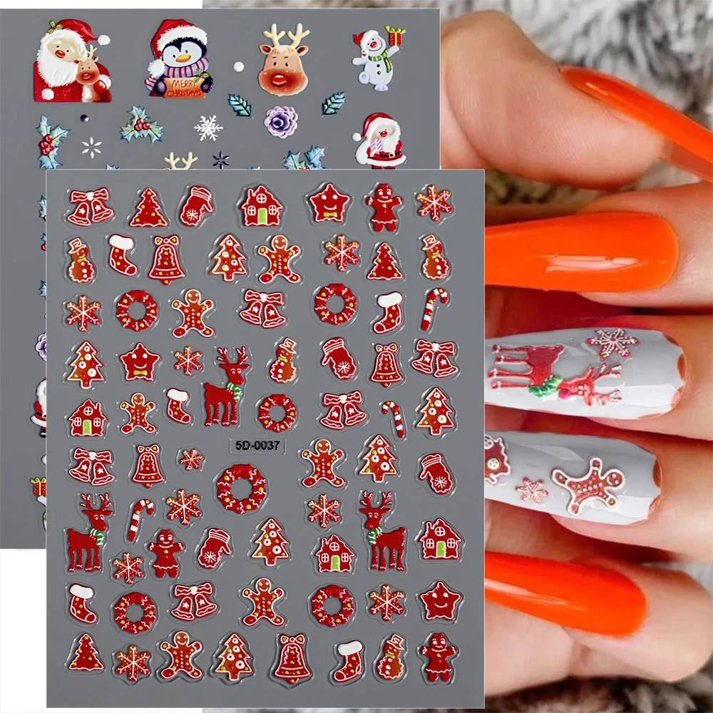 1 pçs 5d homem de gengibre vermelho flocos de neve adesivos de unhas de natal bonito boneco de neve papai noel inverno decalques de unhas decorações de manicure