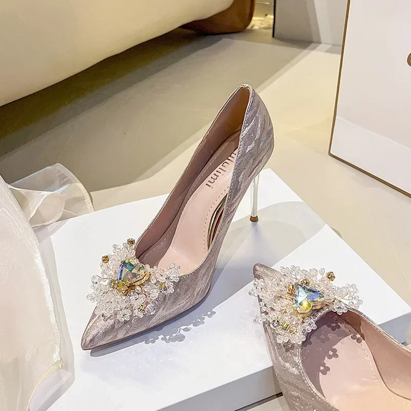 

Wedding shoes bridesmaid high heels new champagne color fine heel pointed crystal light luxury temperament wedding shoes