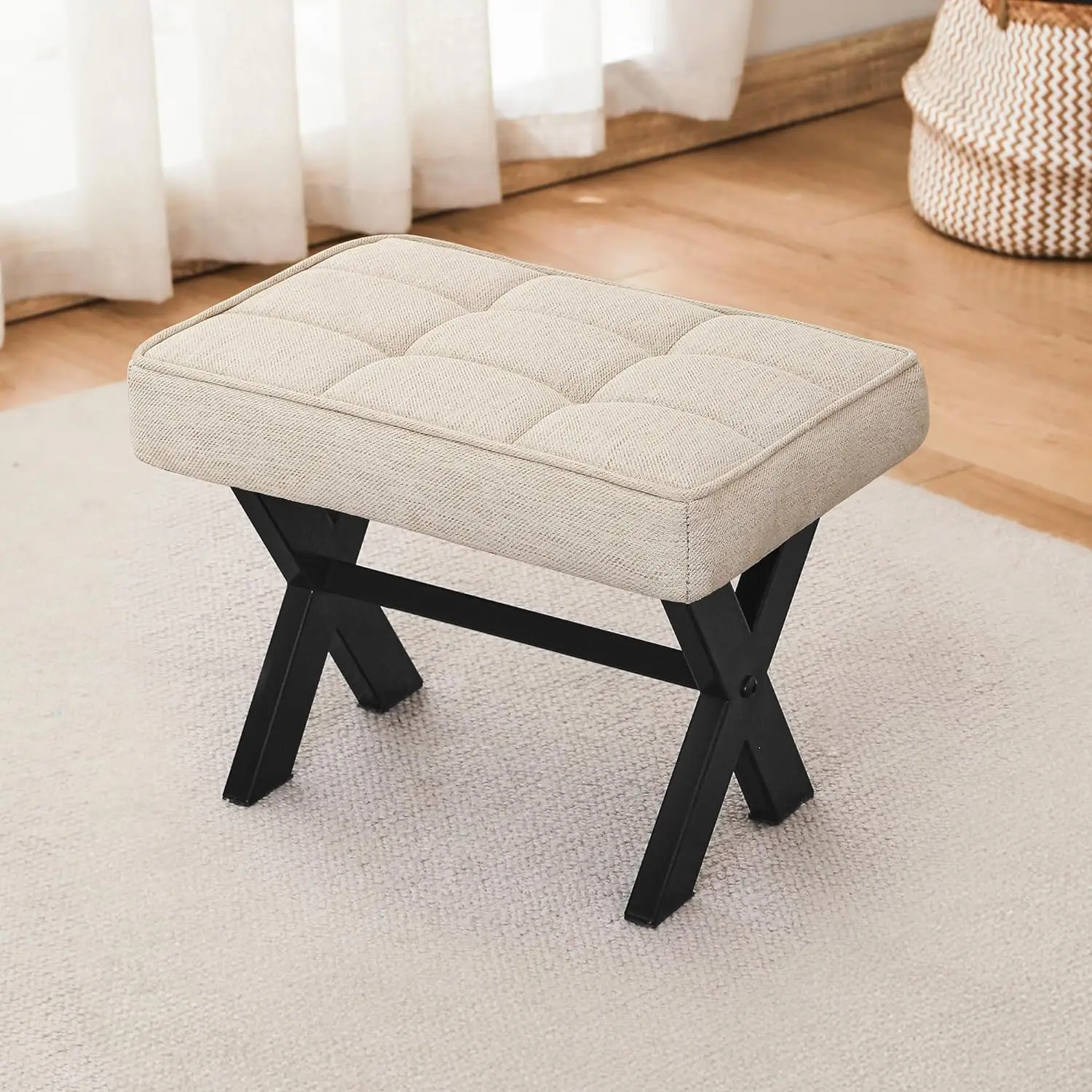 

Black Footstool 12" High Bench Stool Linen with X-Shaped Metal Legs Upholstered Step Stool Fits Living Room/Bedroom