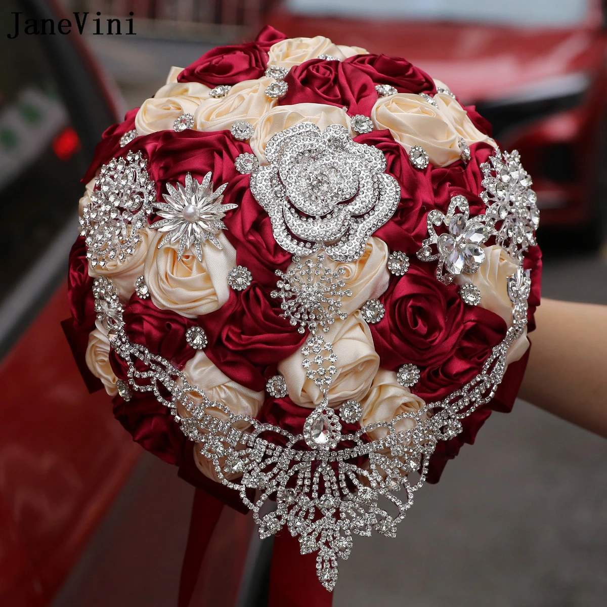 JaneVini Gorgeous Silver Diamond Dark Red Bridal Brooch Bouquets Artificial Satin Roses European Bride Wedding Flowers Bouquet