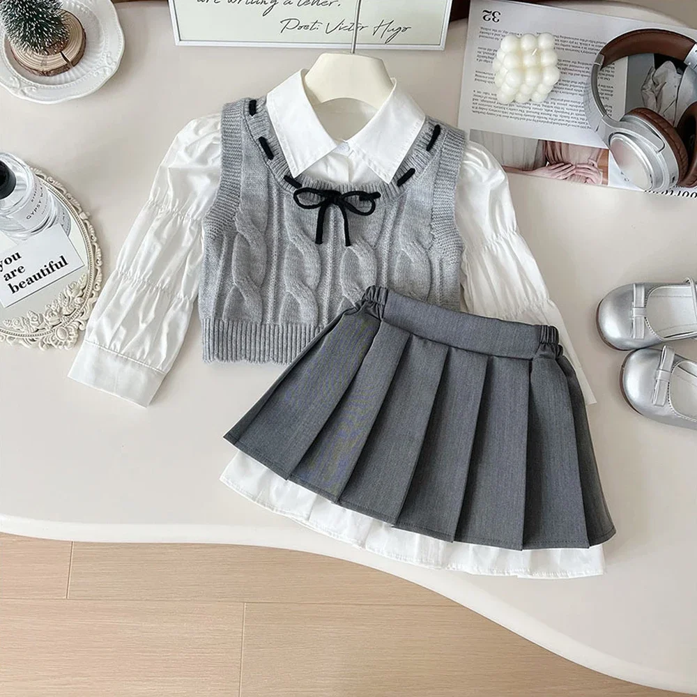 New Spring Outing Costumes Knit Vest+White Long Sleeve Shirt+Pleated Skirt Pants 3Pcs Kids Sets 2-8Y Back to School Outfits 2026