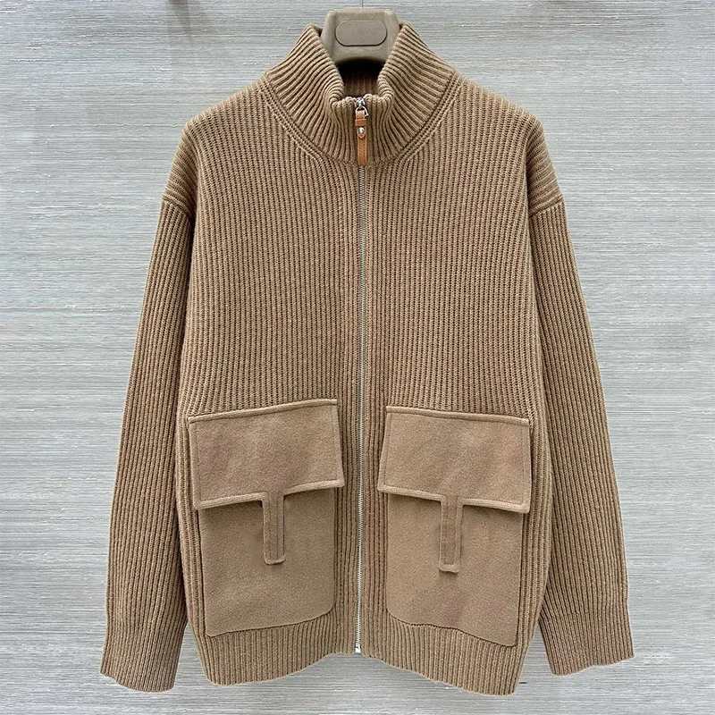 

Высококачественный женский кардиган-свитер, модная кожаная сумка с нашивками, шерстяное вельветовое пальто средней длины на молнии 2593039