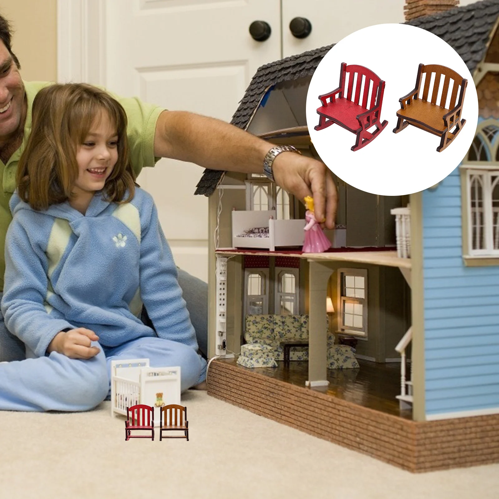 2 Stück Mini-Schaukelstuhl, Puppenhaus, Möbel, Dekoration, Miniatur-Sessel-Zubehör