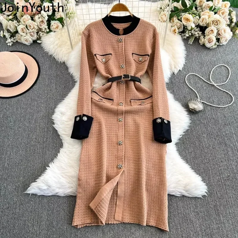 Vintage Knit Dress for Women High Waist Elegant Fashion Korean Vestidos De Mujer Bodycon Robe Femme Long Sleeve Bandage Dresses