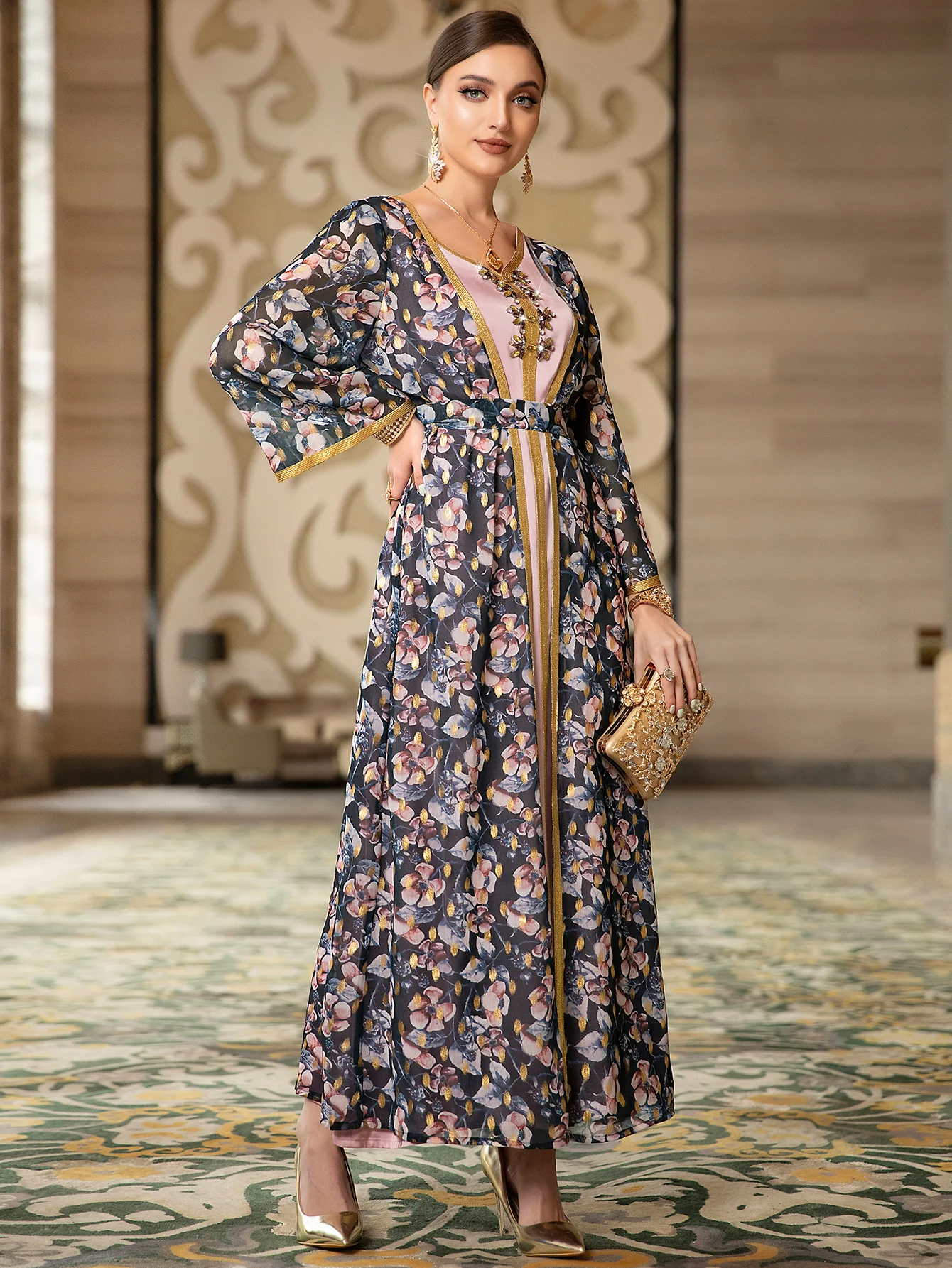 Fashion Pure Handwork Diamonds Muslim Kaftan For Women 2 Piece Suit Flower Printed Full Sleeve Sashes Elegant Turkish Long Dress