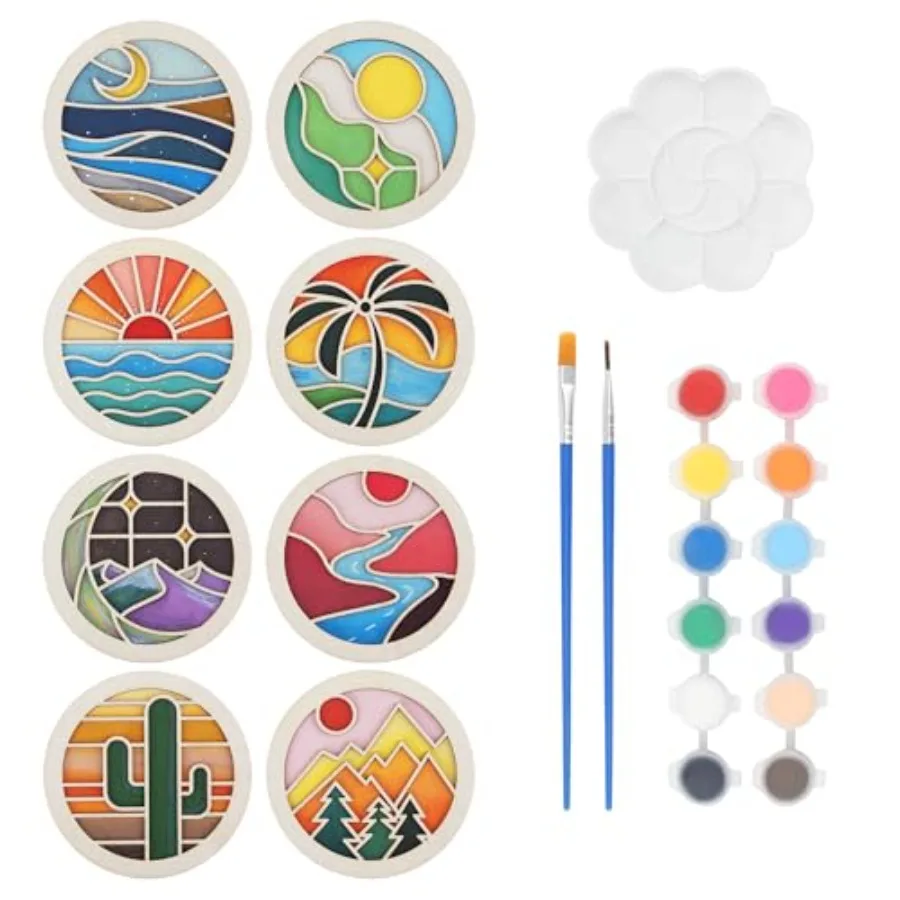 

Wooden Coasters Painting Kit, Paint You Own Coaster Wooden Painting Craft Kit for Adults and Beginners Art Craft Supplies