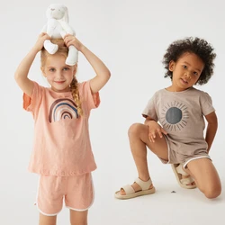 Summer Best Seller Toddlers Cotton Suit Boys Girls Printed Solid Color Short Sleeves+Shorts Two-piece Sets Outside Wear Simple
