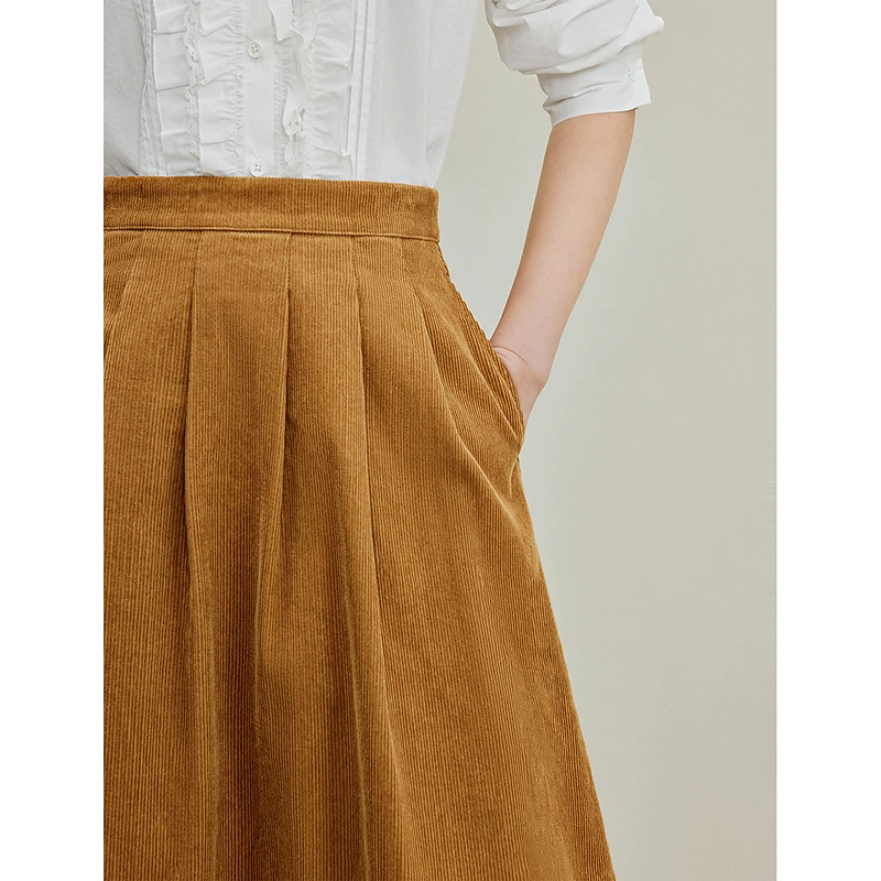 Inman Women's 2025 Autumn New Loose Midi A-Line Skirt - Retro Ruched Brushed Corduroy Midi Skirt