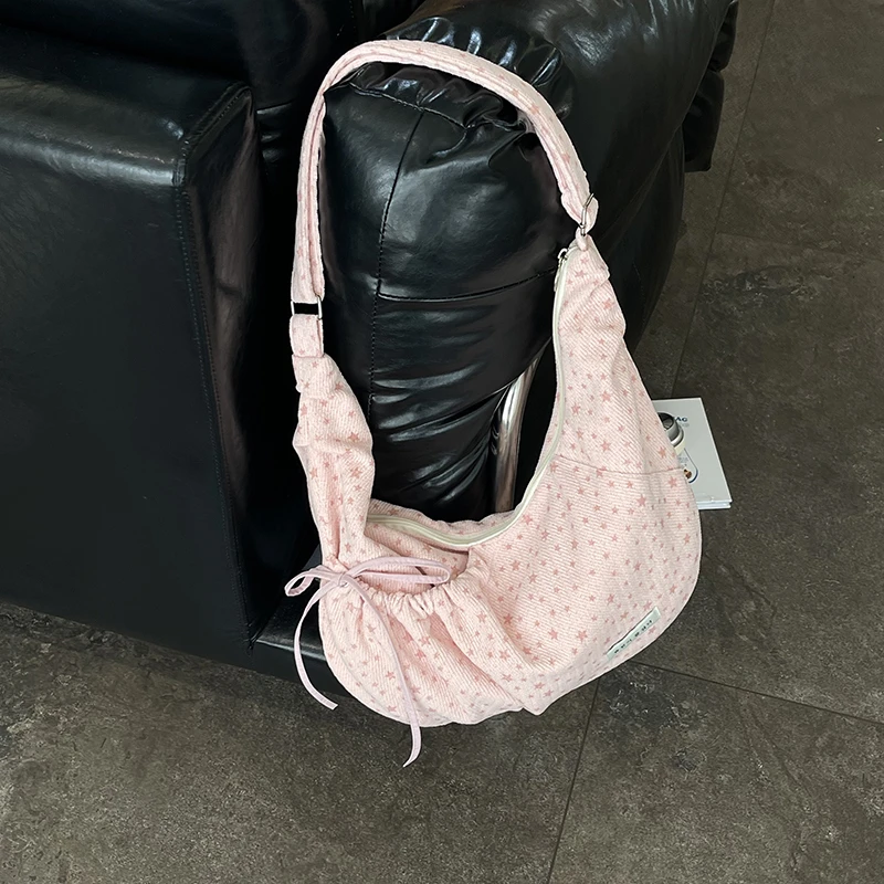 Fashion Dot Star Pattern Underarm Bag Soft Cloth Drawstring Design Shoulder Bag Ladies Daily Casual Crossbody Handbag Сумка