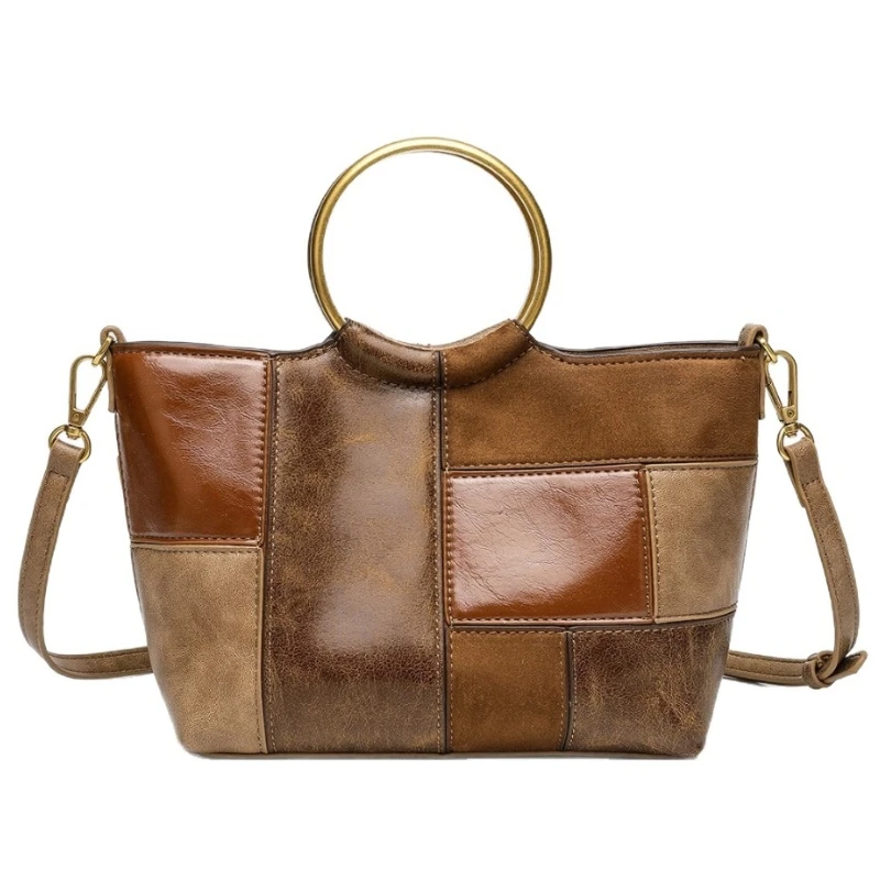 

Luxury Design Retro Round Metal Handle Tote Bag Splicing Pu Leather Underarm Hangbag Fashion Daily Commuting Crossbody Bag