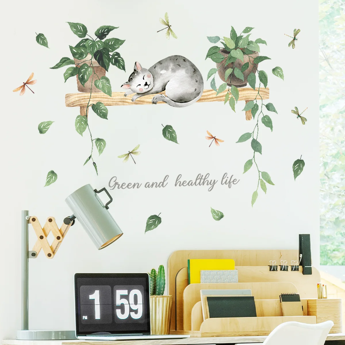 30*90cm Green Plant Potted Kitten Wall Sticker Background Wall Living Room Bedroom Study Decoration Animal Mural Wall Sticker