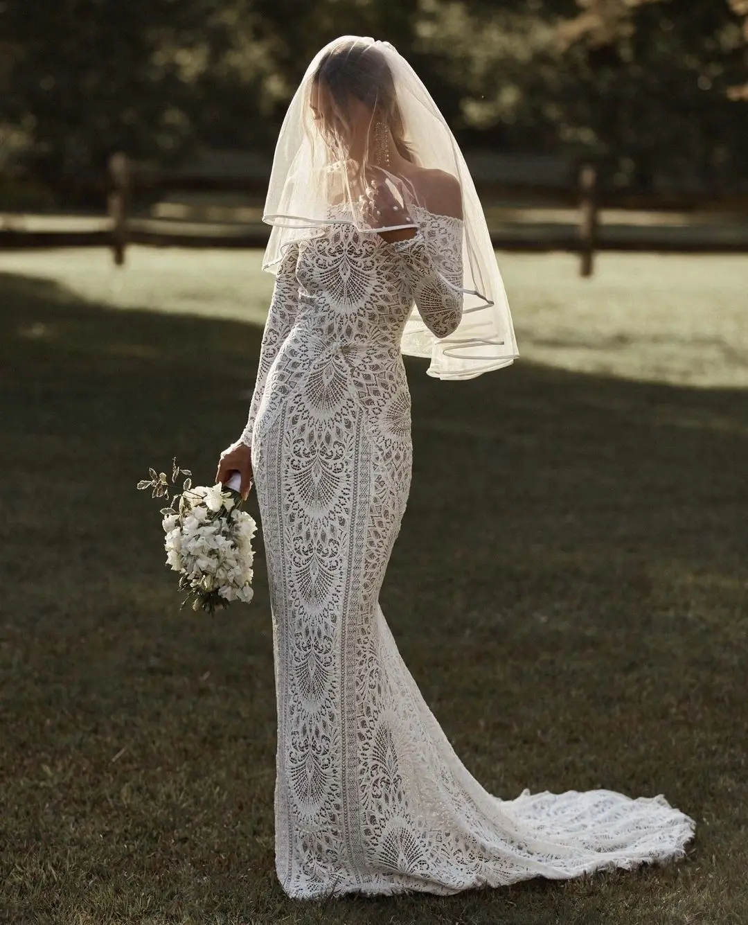 Intricate Lace Wedding Dress Long Sleeves Off the Shoulder Soft Ivory Tulle Veil with An Elegant Bridal Mermaid Maxi Gowns