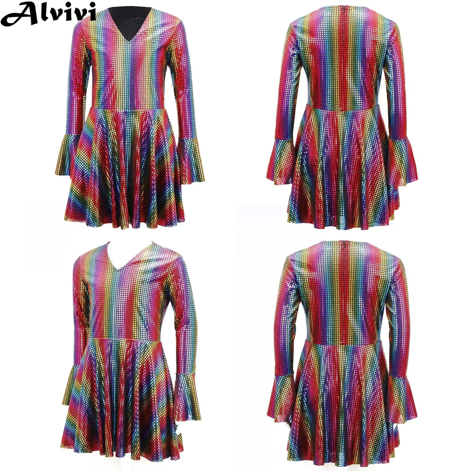 

Kids Girls Flare Sleeve V Neck Shiny Sequin Retro 70s Disco Dance Dress Halloween Theme Party Hippie Singer Cosplay Costume