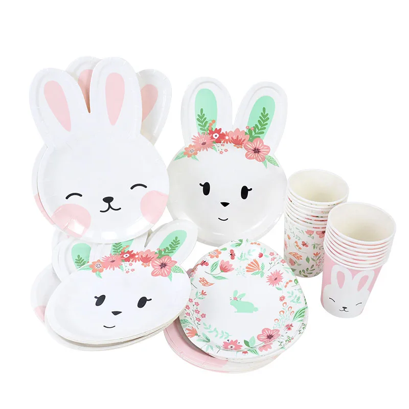 

8Pcs/Lot Easter Birthday Party Disposable Tableware Rabbit Egg Dishes Plates Cups Birthday Party Decoration Kids Party Supplies