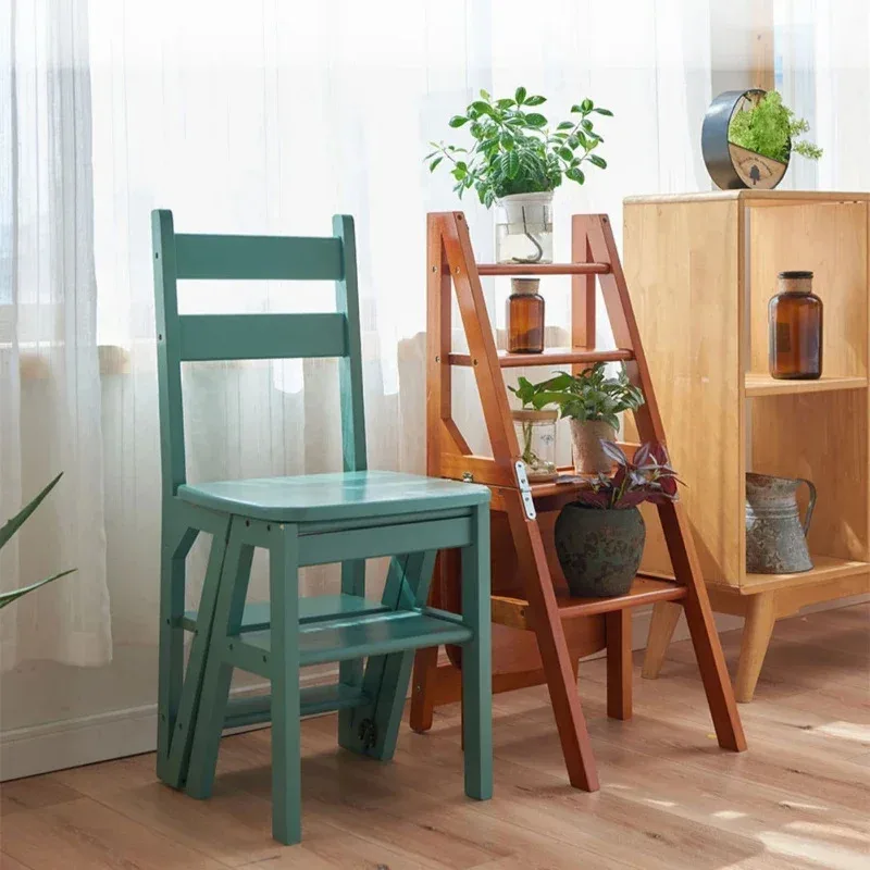 Indoor Climbing High Stools Kitchen Solid Wood Bold Ladder Chair Multi-function Ladder Stool Flip Folding Step Ladder