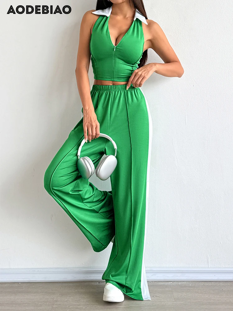 

AODEBIAO Sexy Casual Tank 2 Piece Set Women V-Neck Sleeveless Backless Crop Top Loose Trousers Fashion Straight Pants Set Women