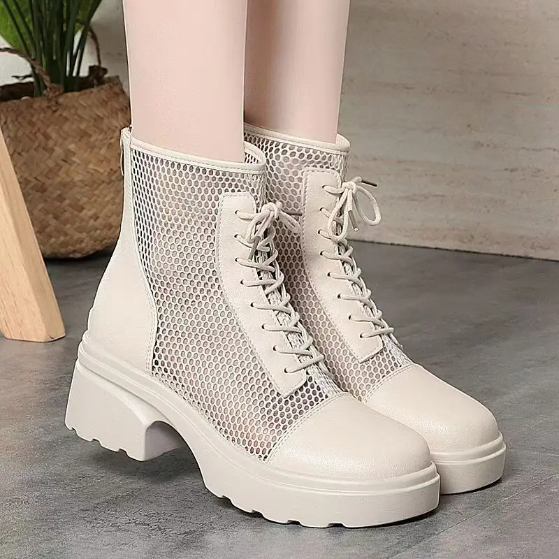 

Женские весенне-летние новые крутые ботинки на блочном каблуке, нескользящая кожаная сетка на толстой подошве с круглым носком, дышащие ботильоны на молнии