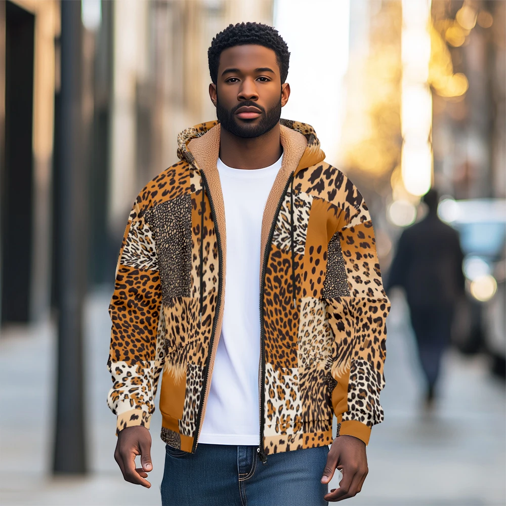 

Men's and women's thick wool hooded double-layer jacket, winter and autumn leopard print pocket zipper, outdoor keep warmth