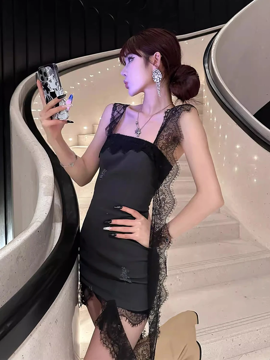 REDDACHiC Stitch Lace Flounce Mini Dress Women Black Sleeveless Corset Destroyed One-piece Bodycon Dress Summer Night Clubwear