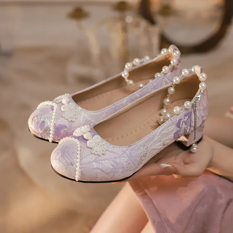 

Chinese Style Women Shoes 2024 Summer New Vintage Round Toe Mary Jane Shoes Ladies Luxury Pearl High Heels Lolita Fashion Pumps