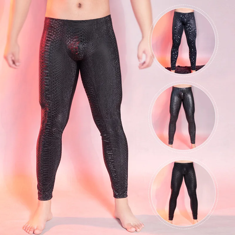 Sexy Men Shiny Leather Straight Pants Shaping Legging Lingerie High Elastic Trousers Oil Shiny Tight Pants Exotic Fetish Clothes