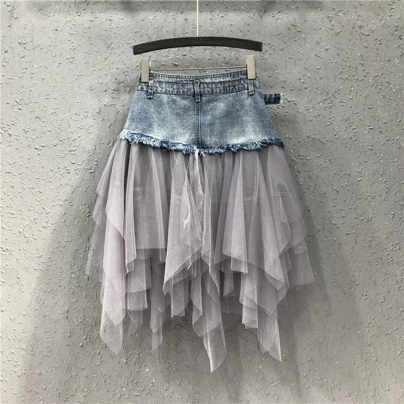 Summer Mini Skirt Gothic Punk Women High Waist Irregular Denim Skirts Club Party Mesh Patchwork Short Jeans