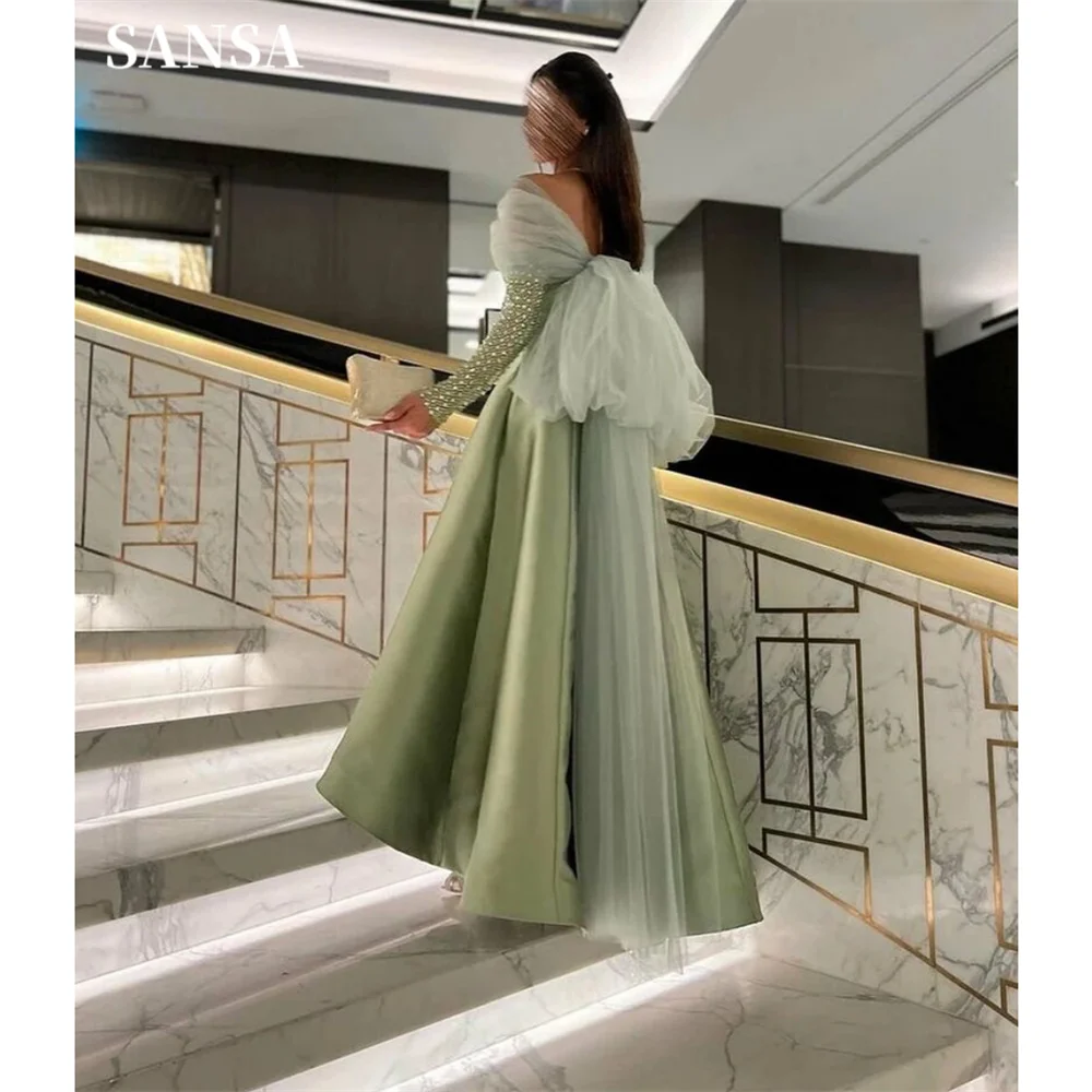 

Sansa Dusty Green Off the Shoulder فساتين السهرة A-line Satin Vestidos De Noche Elegant Long Sleeves Ankle-Length Prom Dresses