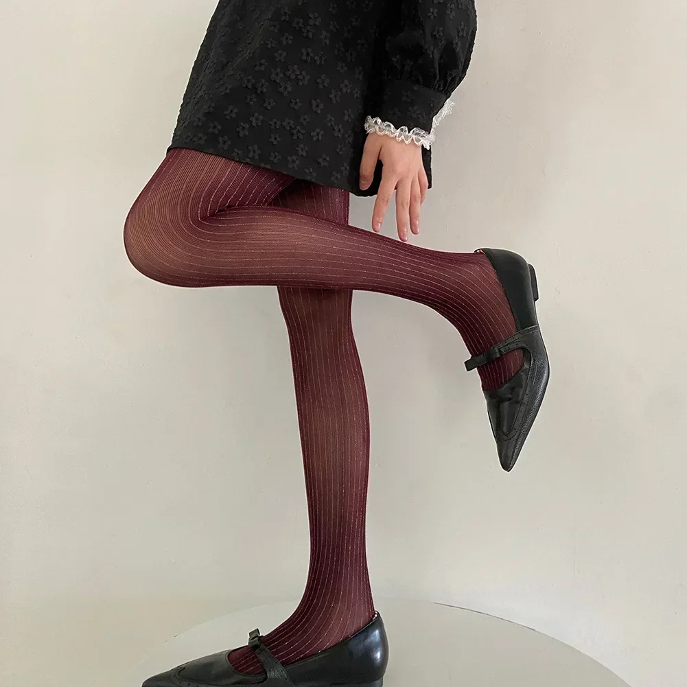 

Spring Autumn Girls Women Luxury Sexy Gothic Black See-Through Silver Silk Vertical Stocking Pantyhose Lace Tights Shiny Durable