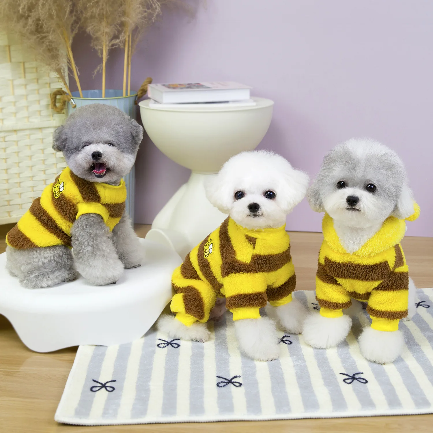 

Pet winter clothes bee style fluffy clothes with hats dog cat clothes pet winter supplies winter warm clothing in stocks