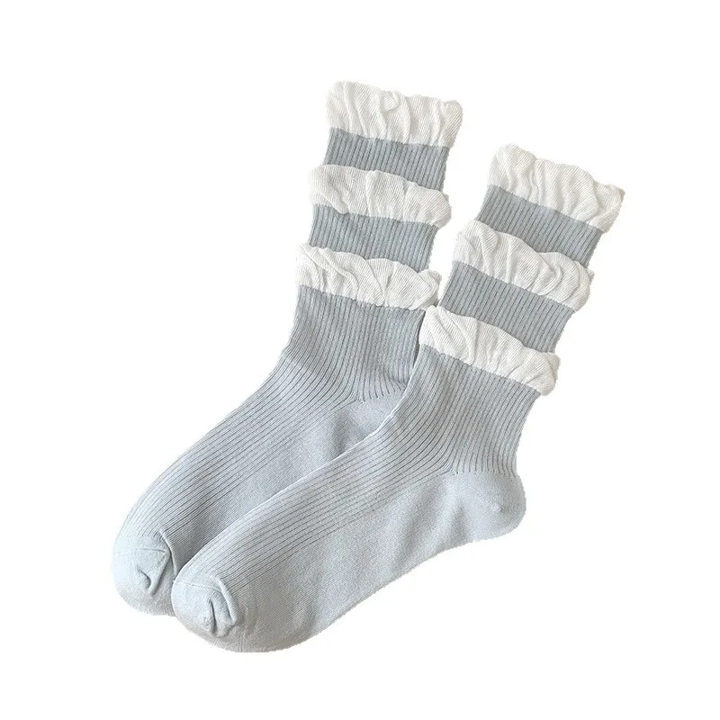 Girls Kawaii Ballet Socks Cream Color Bubble Ruffle Cuff Lace Trim Korean Sweet Style Stacked Sock Spring Fall Soft Cotton Sock