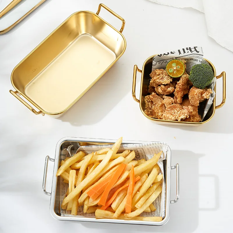 ステンレス鋼スナックプレートハンドル付きホームメタルフライドポテト食品保管サービングトレイキッチンフルーツ野菜サラダプレート