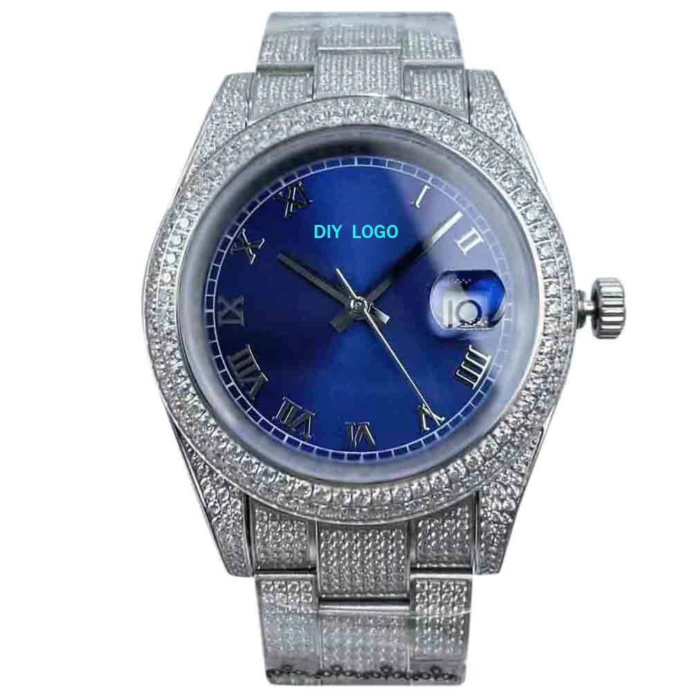 Logotipo personalizadoReloj automático elegante para hombre de 41 mm, reloj de diamantes con movimiento mecánico de números romanos, regalo para hombre