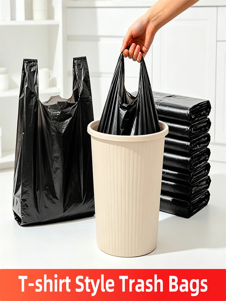 Large Strong Black T-Shirt Plastic Garbage/Trash/Bins Bags, Tear Resistant Leakproof Heavy Duty Vest, For Room, Kitchen, Car