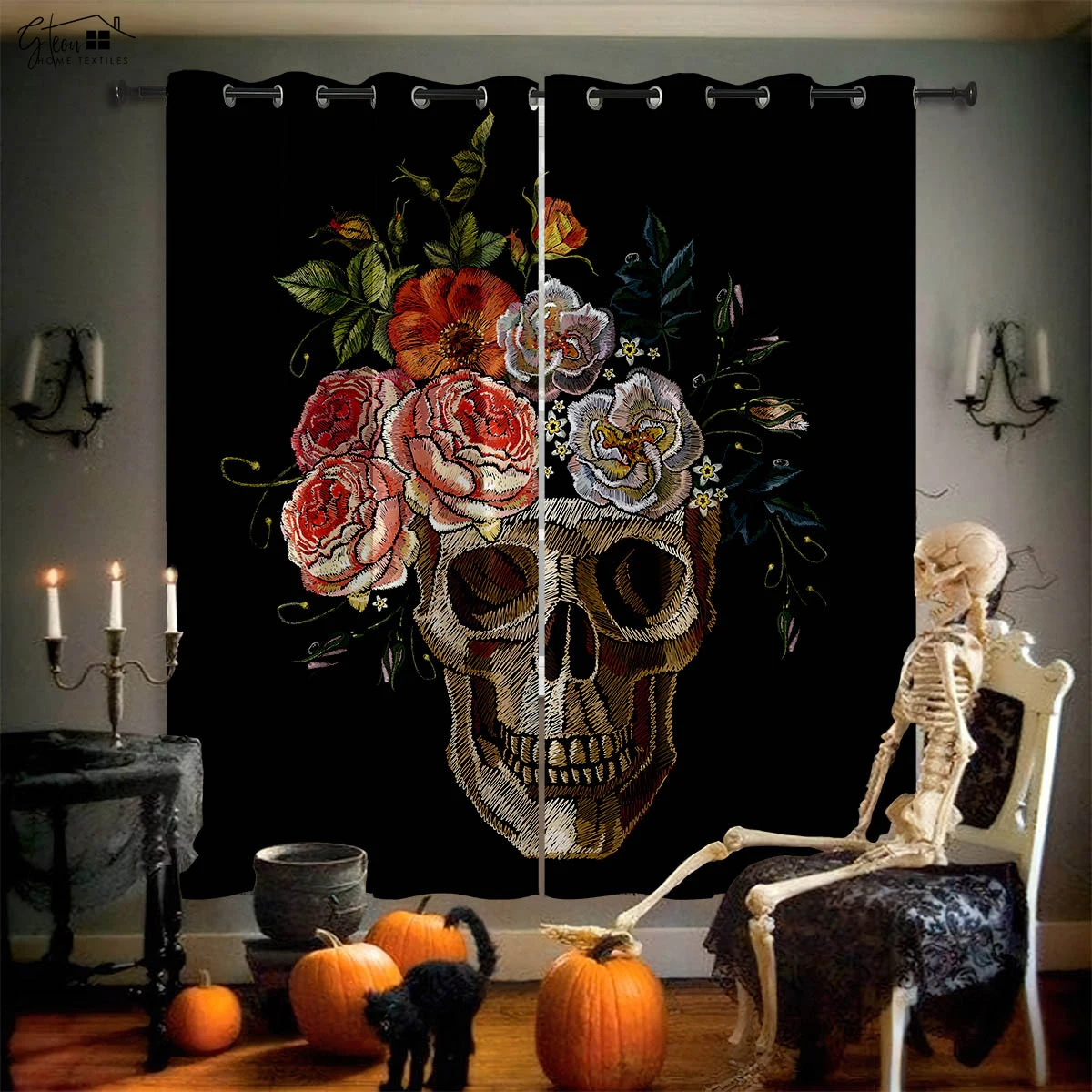 Skull Rose Curtains Retro Tricky Dark Ins Secret Room Bar Bedroom Halloween Christmas Holiday Decoration Curtains 2PCS