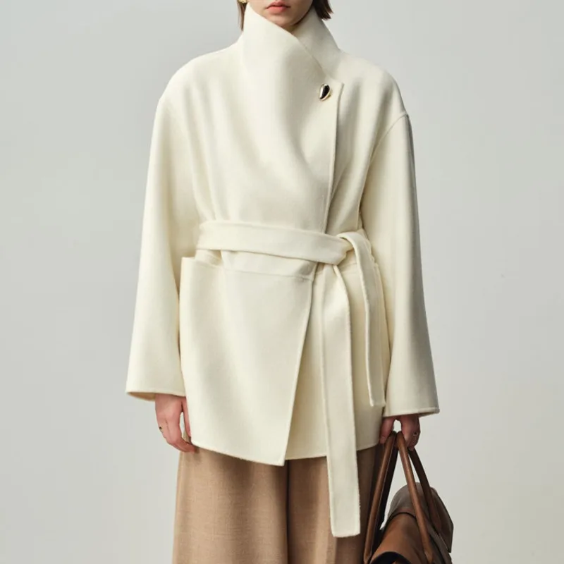 HKSH Autumn Winter New Women's Double-Sided Wool Overcoat Single Button Belt Solid Color Elegant Temperament Luxury Coat HK15530